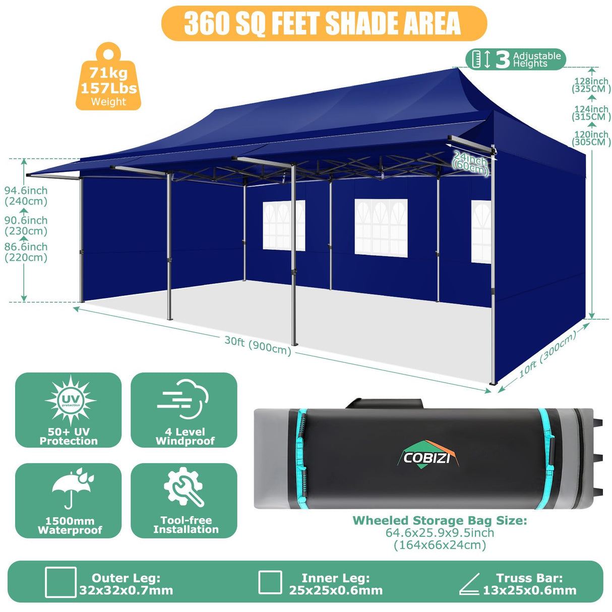 COBIZI 10x30 Pop Up Canopy Tent with Awning,Heavy Duty Canopy UPF 50+ All Season Wind Waterproof Commercial Outdoor Street Vendors Party Tents for Parties Canopy with Roller Bag(10 x 30 ft Dark Blue) COBIZI