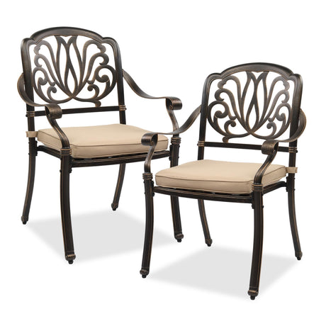 VINGLI Outdoor Dining Chairs Set of 2 Aluminum Patio Chairs, Cast Aluminum Patio Furniture Aluminum Outdoor Chairs for Backyard, Poolside, Balcony Bronze (with Cushion) VINGLI