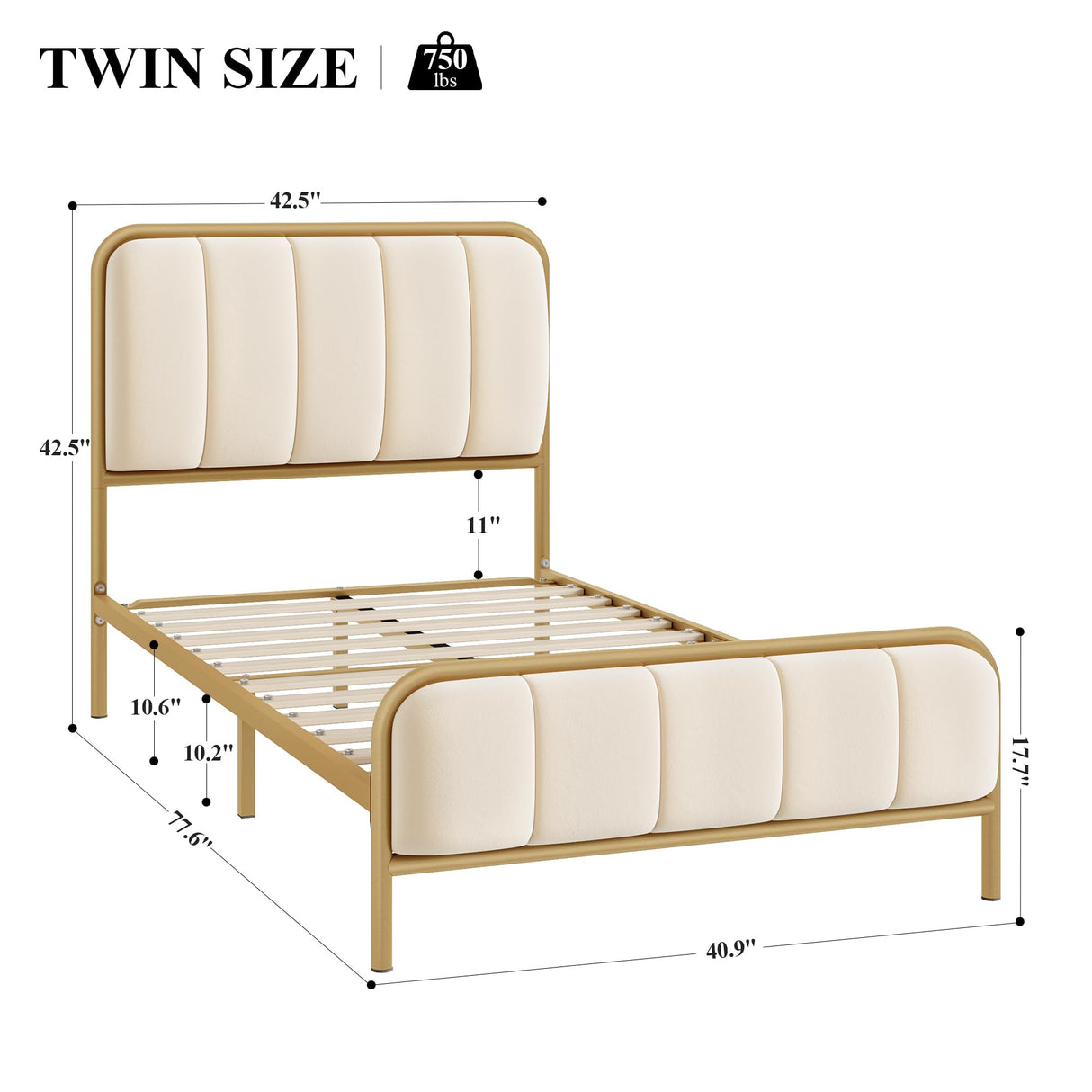 HITHOS Twin Size Bed Frame with Button Tufted Headboard, Upholstered Heavy Duty Metal Mattress Foundation with Wooden Slats, Easy Assembly, No Box Spring Needed (Golden/Off White, Twin) HITHOS
