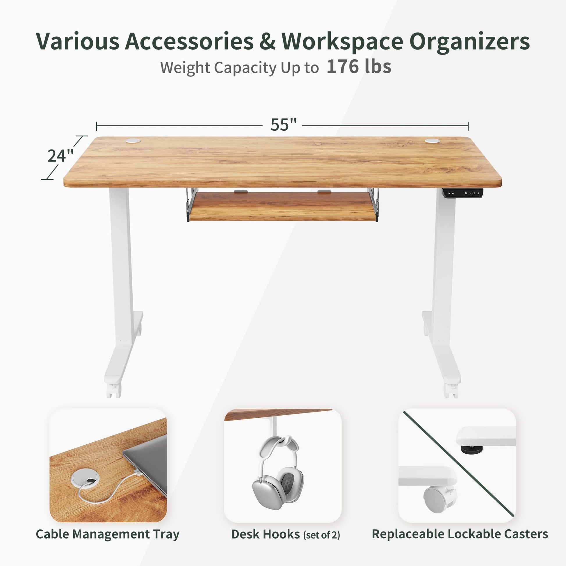 FEZIBO Standing Desk with Keyboard Tray, 55 × 24 Inches Electric Height Adjustable Desk, Sit Stand Up Desk, Computer Office Desk, Light Rustic - WoodArtSupply