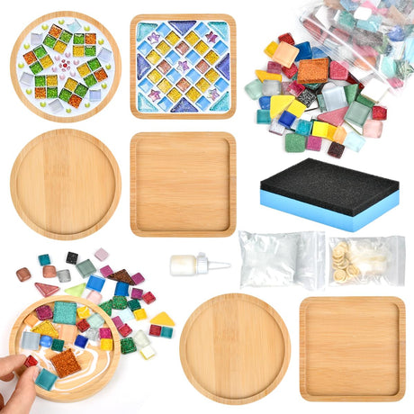 FOCCTS 6 Sets DIY Mosaic Coaster Kit - Mixed Color Mosaic Kits with Wooden Coasters for Adults, DIY Glass Mosaic Tiles Handmade Coaster Making Set for Handmade Home Decoration Gift (Round & Square) FOCCTS