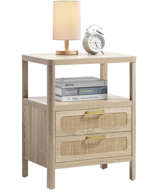 SHEEPPING Rattan Nightstand with 2 Drawers - Boho Bedside Table, Farmhouse Night Stand with Open Shelf, Light Wood End Table Side Table for Bedroom, Natural, 25.5" H - WoodArtSupply