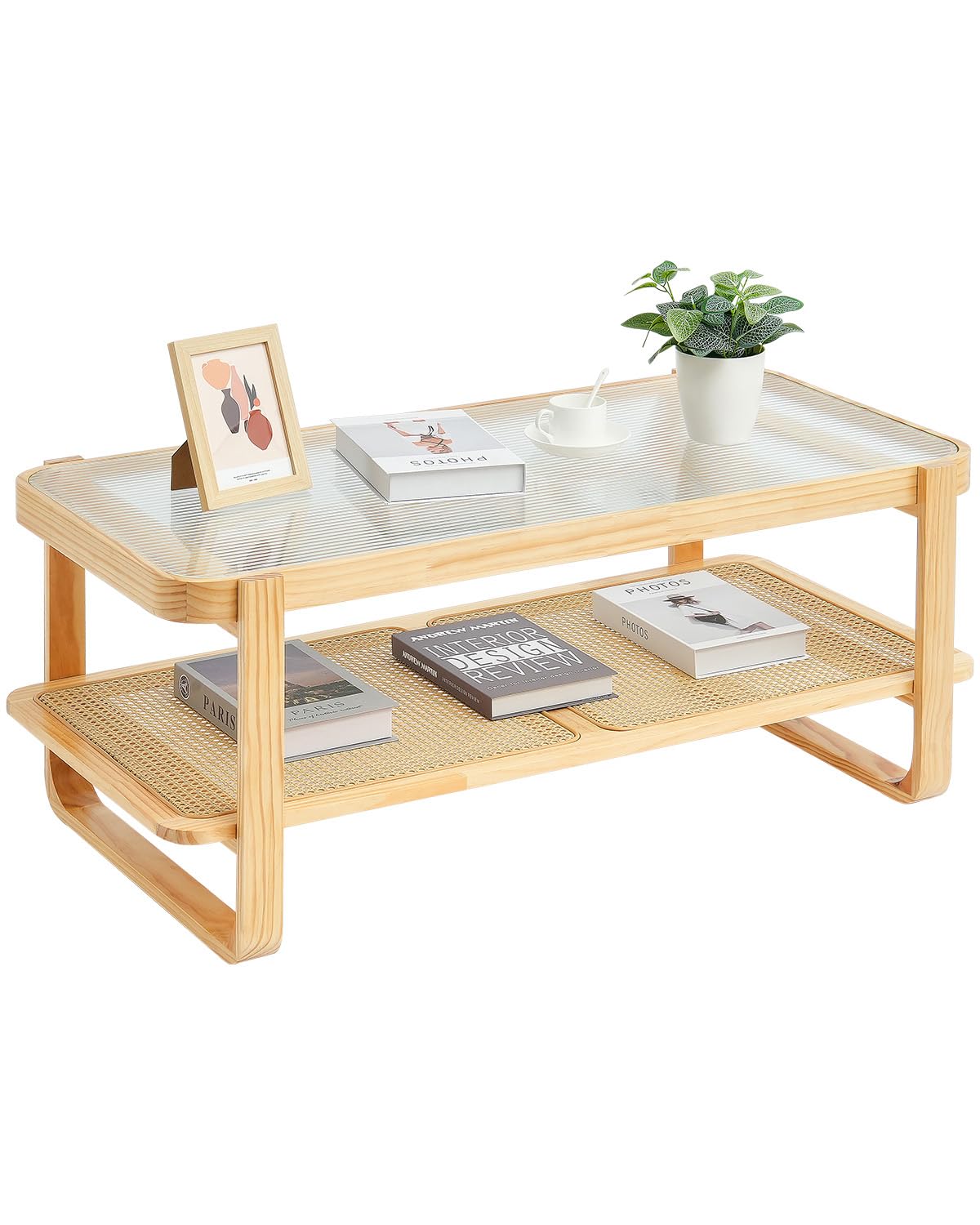 VEVOR Rattan Coffee Table, Rectangle Rattan Woven Wood Coffee Table with Tempered Glass Top, 45-Inch Modern Boho Storage Coffee Table with Natural Wood Legs, for Living Room, Bedroom & Small Spaces VEVOR