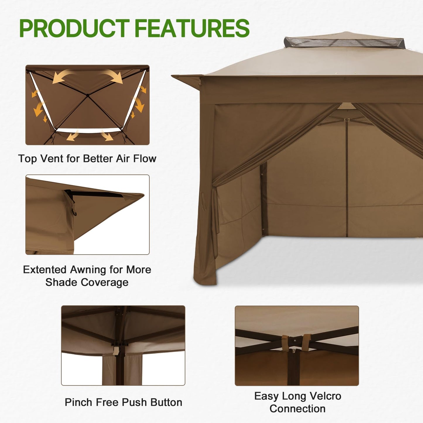 COOS BAY 11x11 Pop-up Instant Gazebo Tent with 4 Sidewalls Outdoor Canopy Shelter with Carry Bag, Stakes and Ropes, Brown - WoodArtSupply