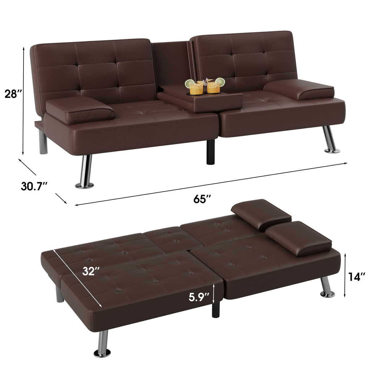 Flamaker Futon Sofa Bed Modern Folding Futon Set Convertible Recliner Lounge for Living Room with 2 Cup Holders, Removable Armrests (PU Leather, Brown) Flamaker