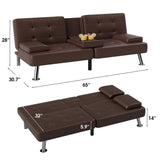 Flamaker Futon Sofa Bed Modern Folding Futon Set Convertible Recliner Lounge for Living Room with 2 Cup Holders, Removable Armrests (PU Leather, Brown) Flamaker