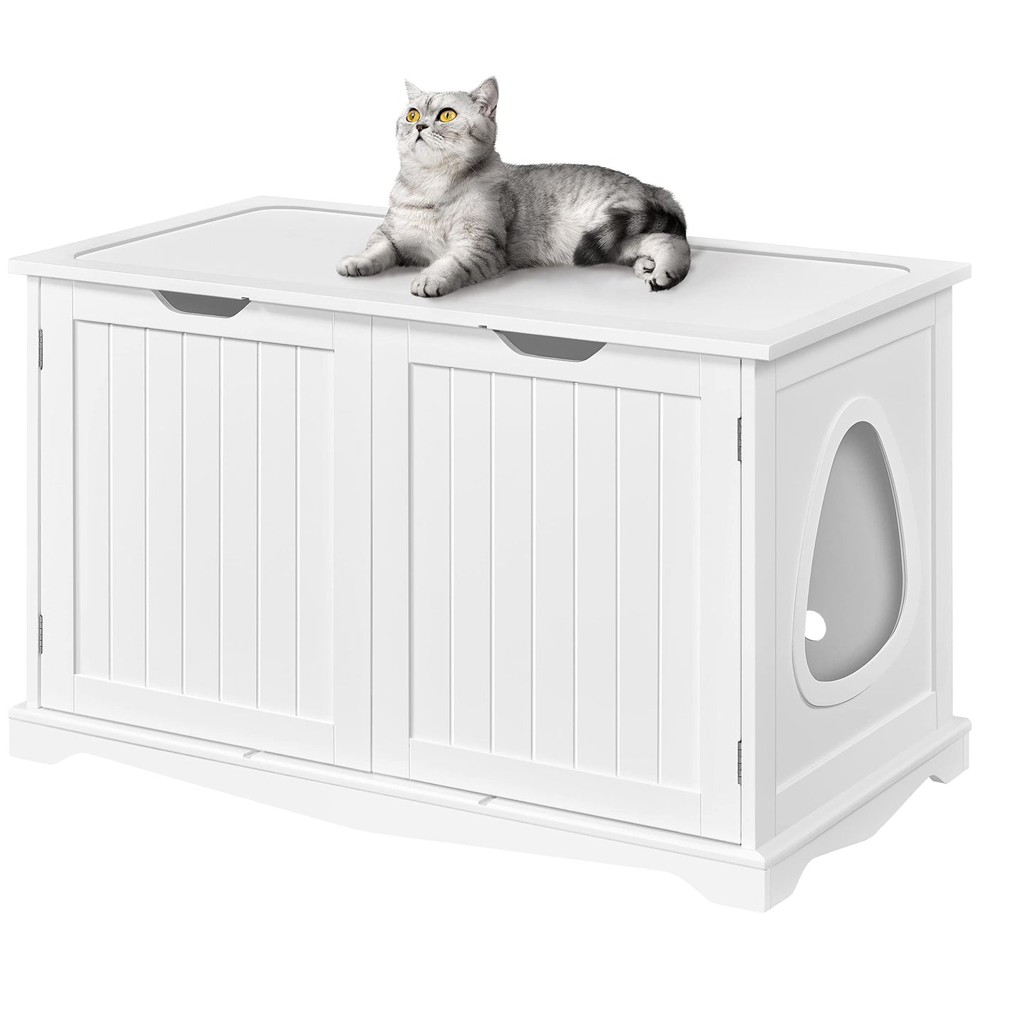 Yaheetech Cat Litter Box Enclosure, Cat Litter Box Furniture Hidden, Wooden Pet Crate Cat Washroom Storage Bench with Divider Home Litter Loo Indoor Cat House White - WoodArtSupply