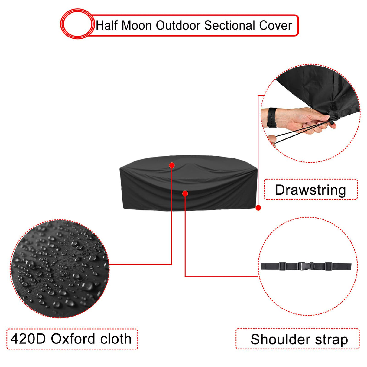 Half Moon Patio Furniture Set Covers, Half Moon Outdoor Sectional Cover Waterproof, Semi Circle Patio Sofa Couch Cover with Drawstring and Adjustable Shoulder Strap (125*59*30inch,Black) ZHMIZHAM