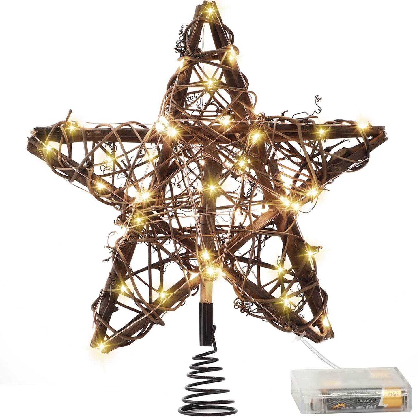 Star Tree Toppers Christmas Decorations Indoor Natural Brown Rattan Star Christmas Tree Topper Lighted Rustic Rattan Star Rustic Rattan Treetop Holiday Xmas Party Decorations (Warm White Light)