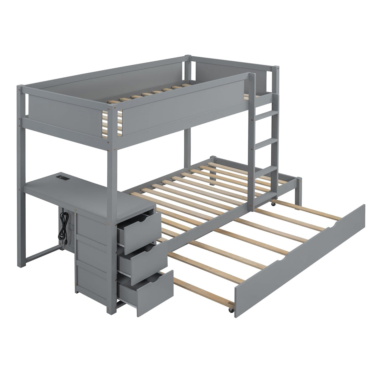 Merax Twin Over Twin Bunk Bed with Twin Size Trundle, Under-Bed Desk and Storage Drawers, No Box Spring Needed Merax