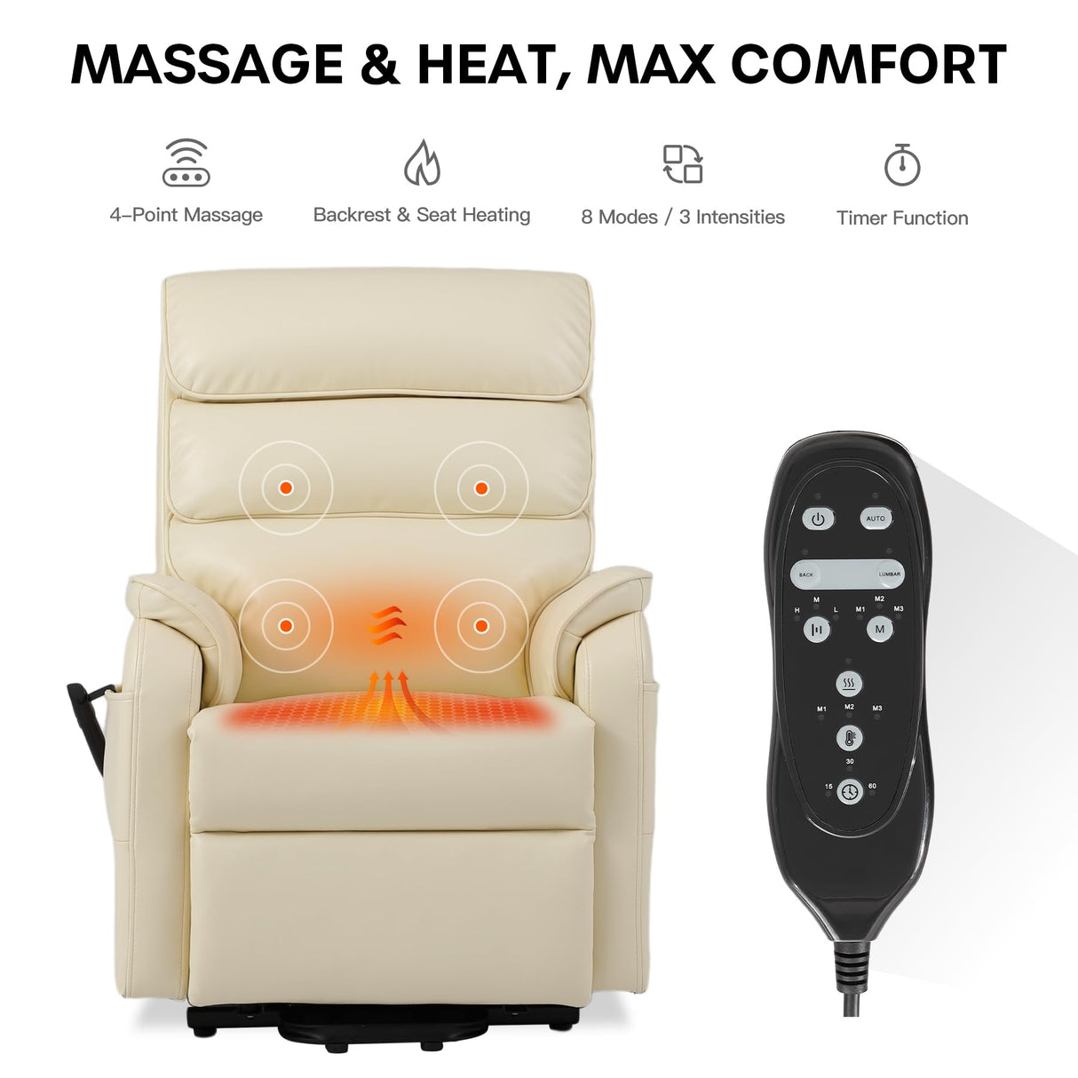 DYNOX 300 LBS Power Lift Recliner Chair for Elderly, Small Size Dual Motor Lay Flat Infinite Positions Recliner with Heat, Massage & USB Charging Port (9188S,Faux Leather,Cream White) DYNOX