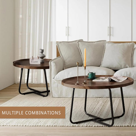 Windpost Round Nesting Coffee Table Set of 2, 28" Round Walnut with Fluted,Mid Century Modern,Center for Living Room Bedroom Office Balcony Yard Windpost