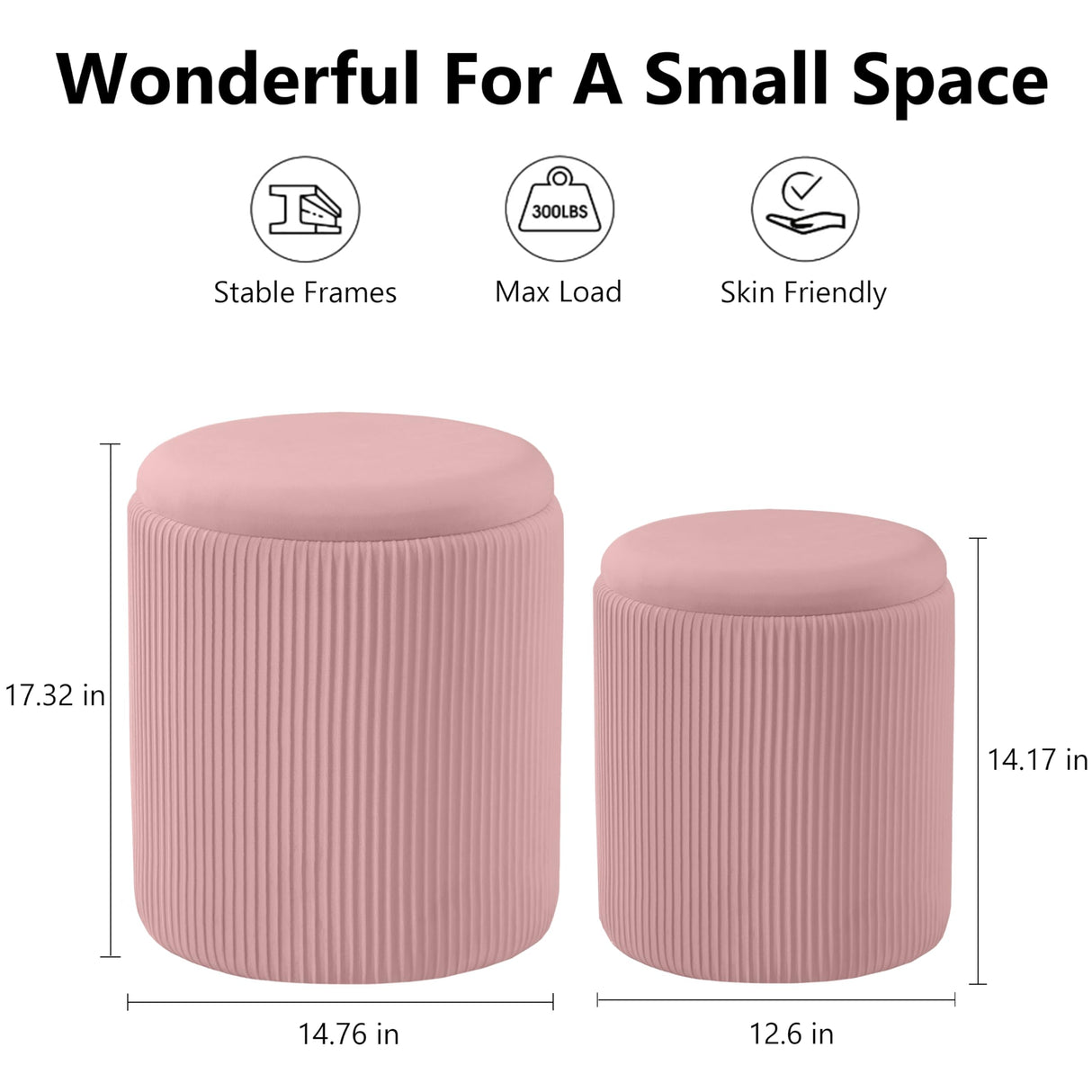 Chilihom Pink Ottoman with Storage Set of 2 Velvet Upholstered Round Vanity Stool Footrest for Makeup Multifunction Support 300lbs Modern Ottoman Coffee Table Padded Seat for Living Room&Bedroom Chilihom