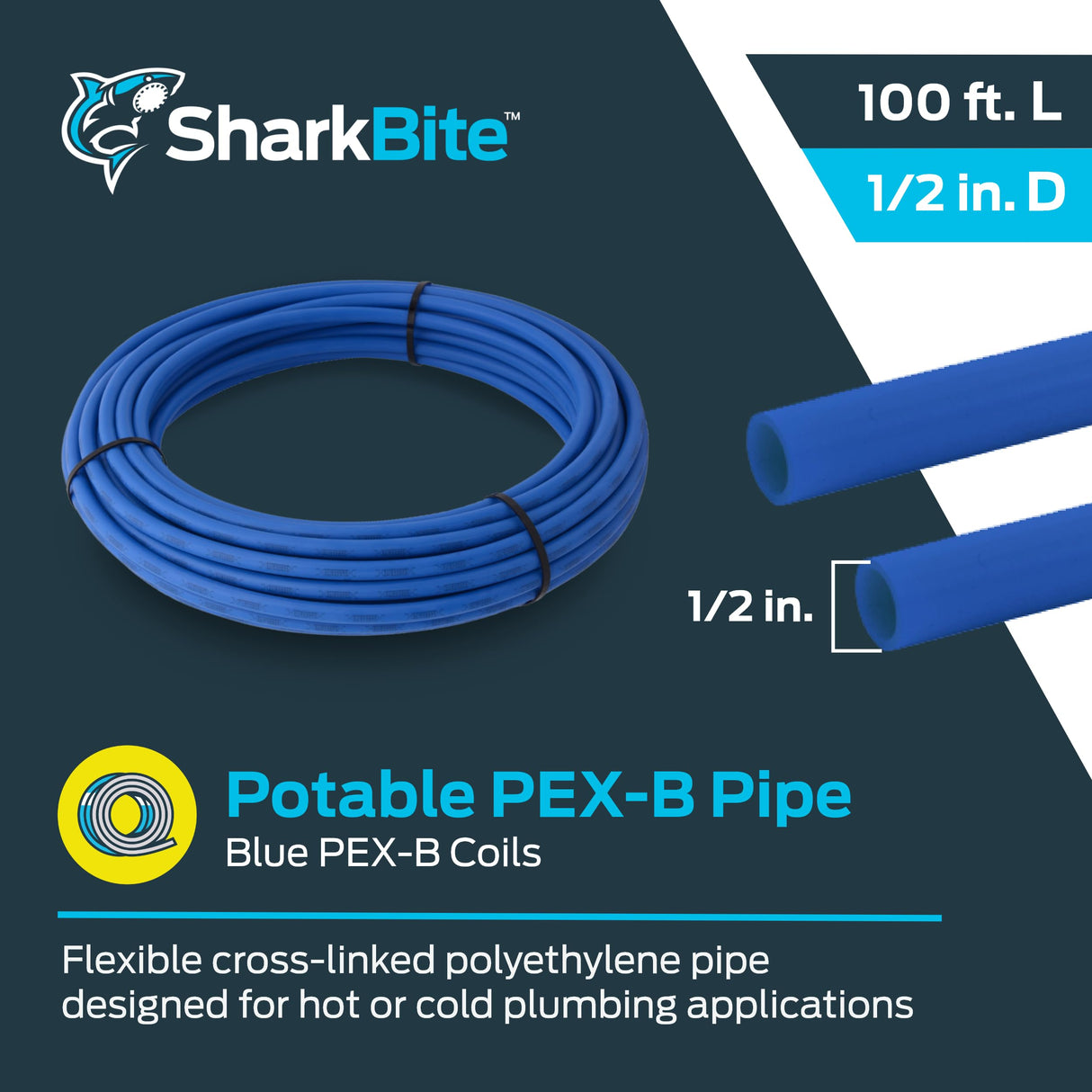 SharkBite 1/2 Inch x 100 Feet Blue PEX-B, PEX Pipe Flexible Water Tubing for Plumbing, U806B100 SharkBite