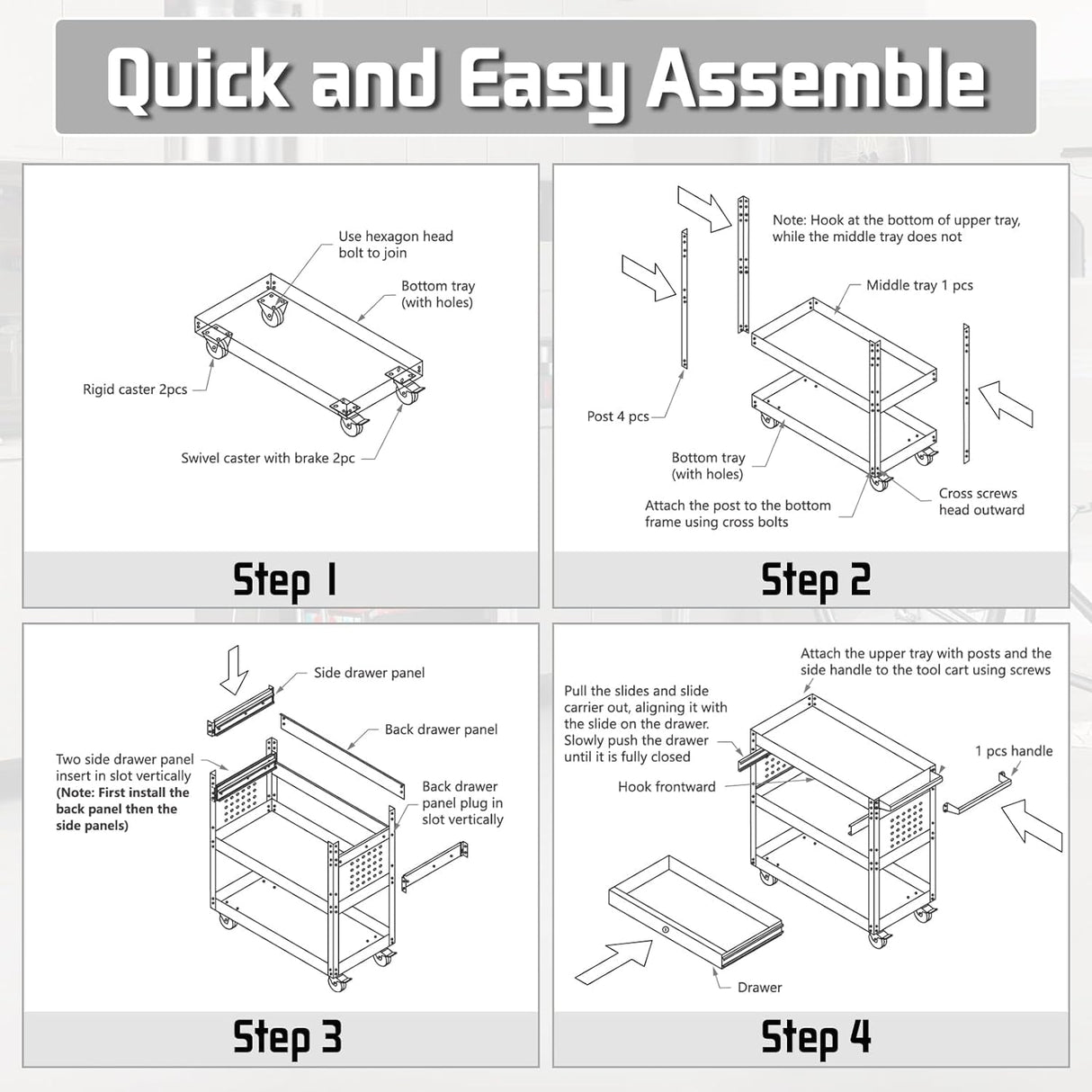 Pelnuies 3 Tray Tool Cart with Drawers, 400 LBS Capacity Rolling Tool Cart on Wheels, Heavy Duty Utility Cart with Pegboard, Mechanic Tool Storage Cart for Garage, Warehouse and Repair Shop, Red Pelnuies
