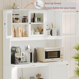 Irontar 70.9'' Kitchen Pantry Cabinet, Kitchen Hutch with Microwave Stand & Charging Station, Farmhouse Tall Kitchen Cabinet with Countertop, Bar Cabinet with Drawer and Glass Doors, White CWG011WE Irontar