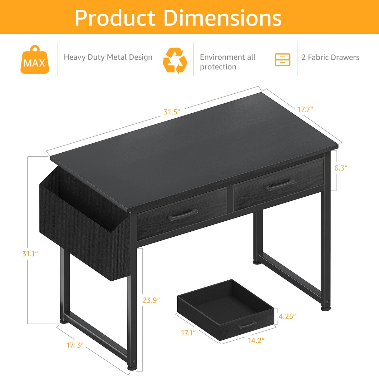 DLisiting Small Desk with Fabric Drawers for Bedroom, 32 Inch Small Gaming Desk with 2 Drawers for Small Space, Study Writing Table PC Desks, Black DLisiting
