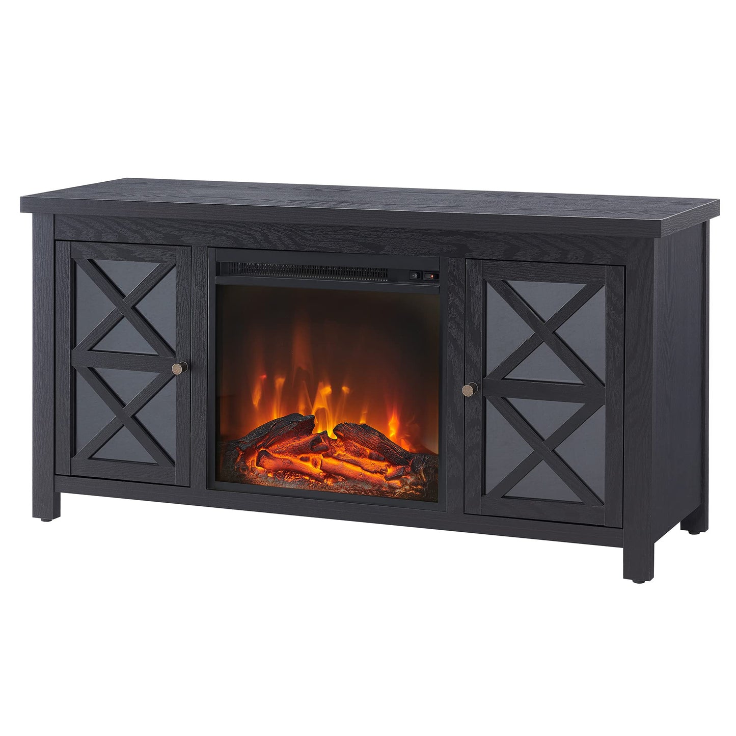 Henn&Hart Rectangular TV Stand with Log Fireplace for TV's up to 55" in Black, Electric Fireplace TV Stands for the Living Room