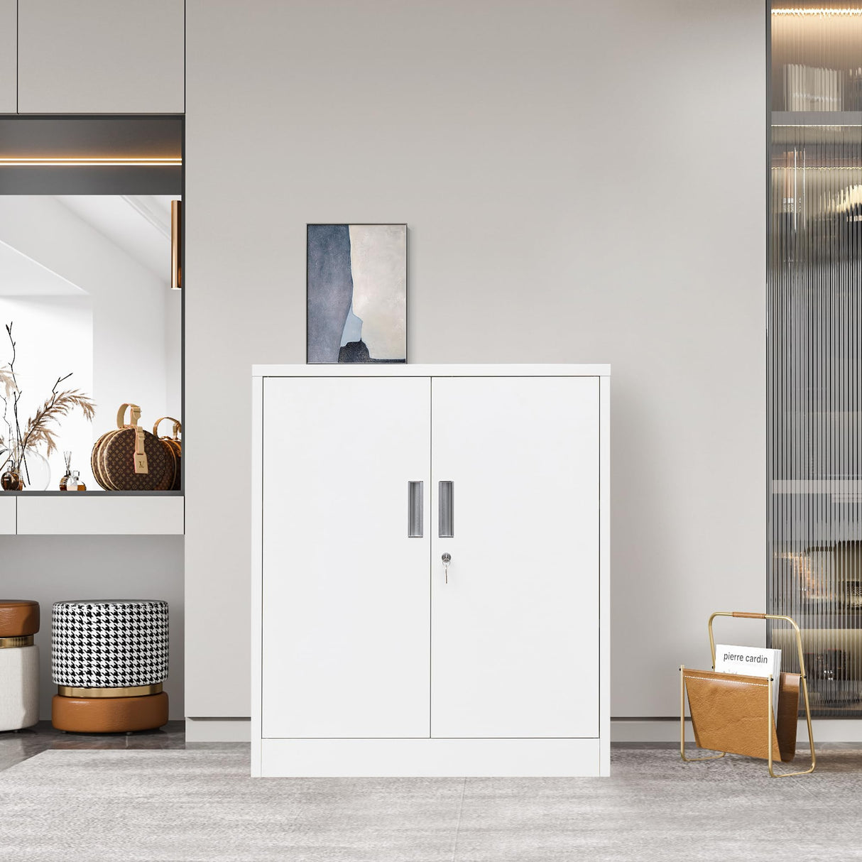 CJF Metal Storage Cabinets with Shelves and Doors, Sideboard Buffet Cabinet for Kitchen, Entryway, Living Room, Home Office, Garage, Utility Room and Basement, 36.2" H x 31.5" W x 15.7" D (White) CJF