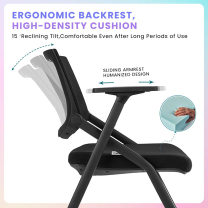 BROBRIYO 10 Pack Stackable Conference Room Chairs with Wheels and Paddle, Ergonomic Mesh Back and Arms for Meeting, Conference, Reception, Training Room & Home Office Desk Folding Chairs