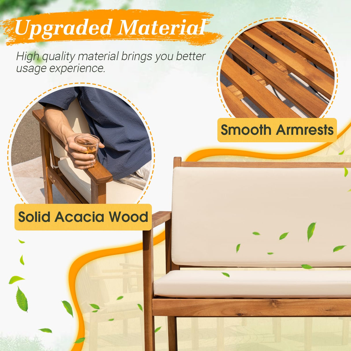 Greesum Outdoor Patio Furniture, 4 Piece Bistro Sofa Set with Coffee Table and Loveseat, Acacia Wood Conversation Sets with Cushions, for Garden, Backyard, Poolside, White Greesum