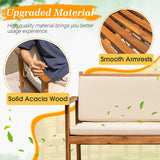 Greesum Outdoor Patio Furniture, 4 Piece Bistro Sofa Set with Coffee Table and Loveseat, Acacia Wood Conversation Sets with Cushions, for Garden, Backyard, Poolside, White Greesum