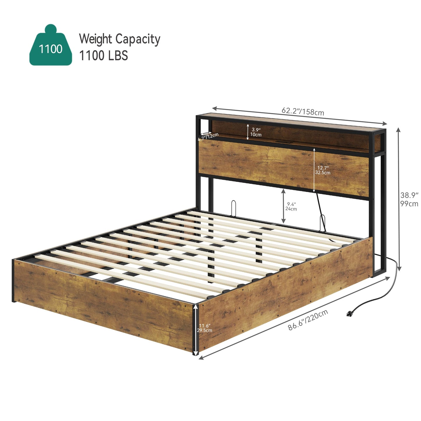 YITAHOME Rustic Brown Queen Lift Storage Bed Frame with LED Lighting and Charging Station