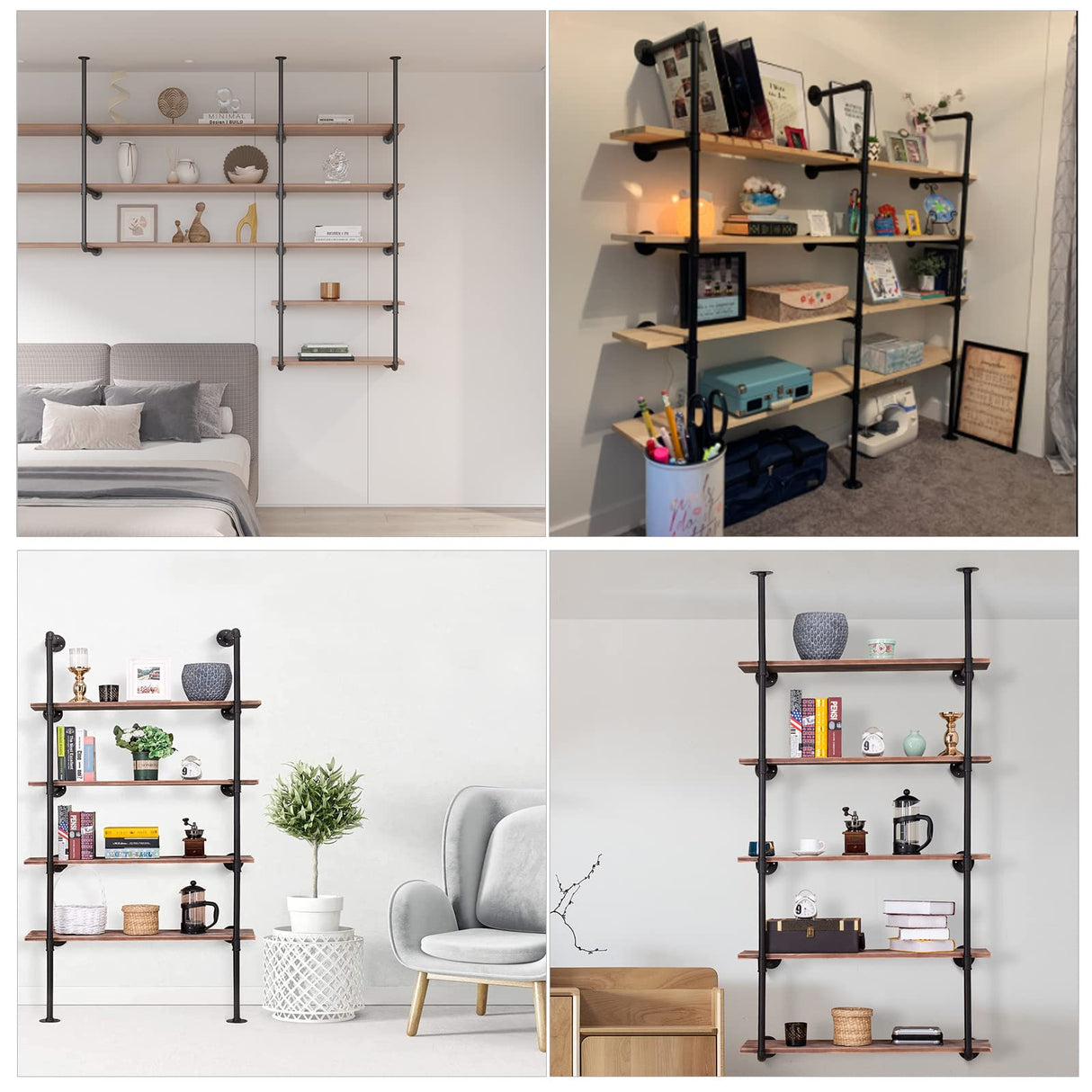 Pynsseu Industrial Iron Pipe Shelf Wall Mount, Farmhouse DIY Open Bookshelf, Pipe Shelves for Kitchen Bathroom, bookcases Living Room Storage, 2Pack of 5 Tier Pynsseu
