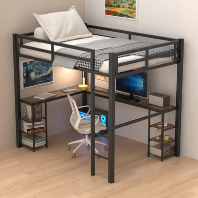 Full Size Loft Bed with Desk & Open Shelves, Heavy Duty Metal Bed Frame with Safety Guardrails & Ladder, Loft Beds with Vintage Wood Finish L-Shaped Desk, Black