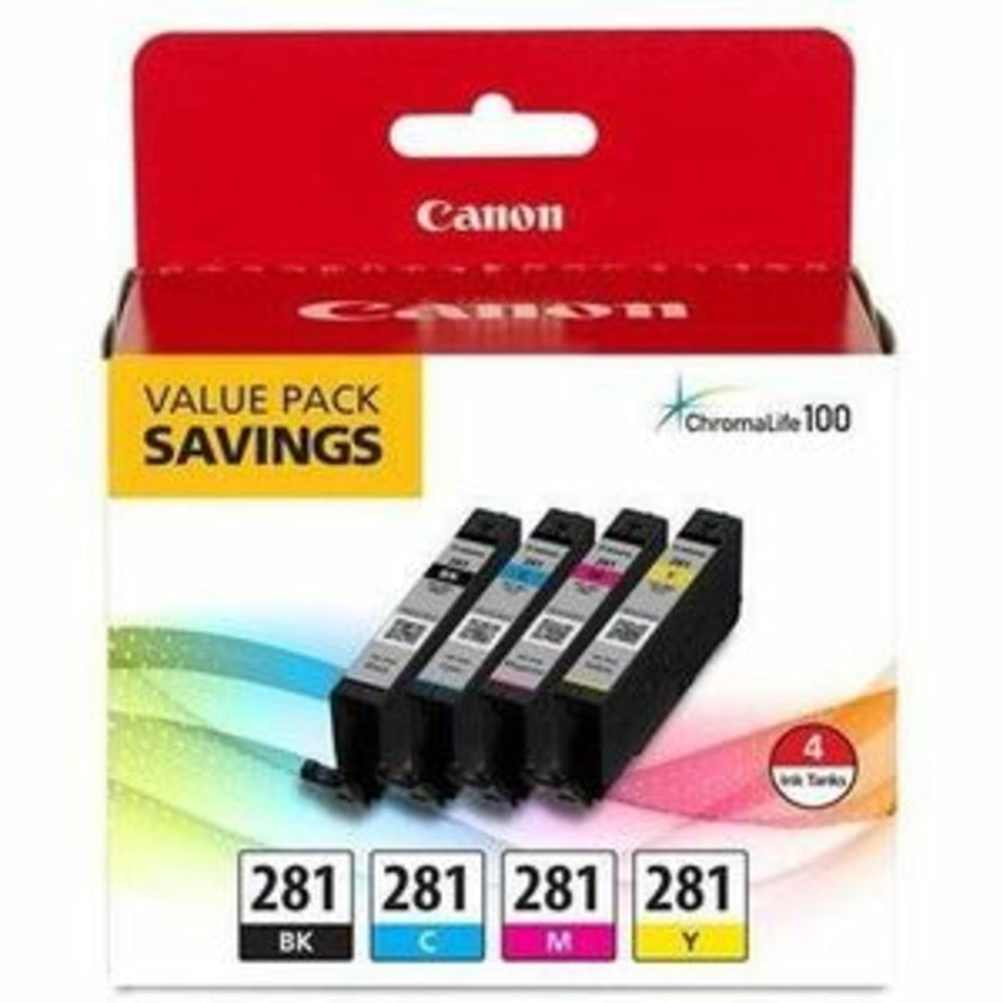 Canon CLI-281 Black, Cyan, Magenta and Yellow 4 Ink Pack, Compatible to TR8520, TR8620 Series, TS9120, and TS6210 Printers