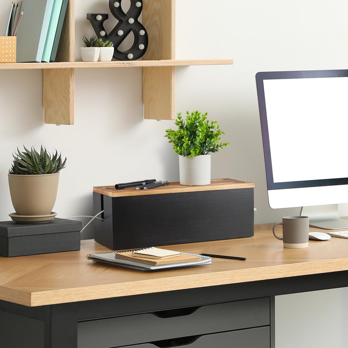 Bivvclaz Large Cable Management Box, Wooden Cord Organizer Box for Under Desk TV Computer Router USB Hub to Cover and Hide Extension Cords Power Stripes Surge Protectors Chargers Wires, Black Bivvclaz