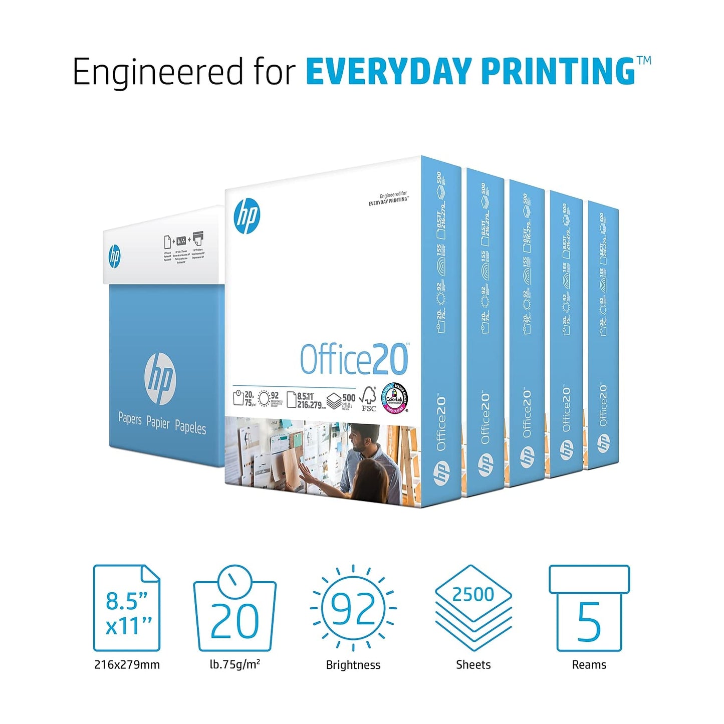 HP Printer Paper | 8.5 x 11 Paper | Office 20 lb | 5 Ream - 2,500 Sheets | 92 Bright | Made in USA - FSC Certified | 172160C