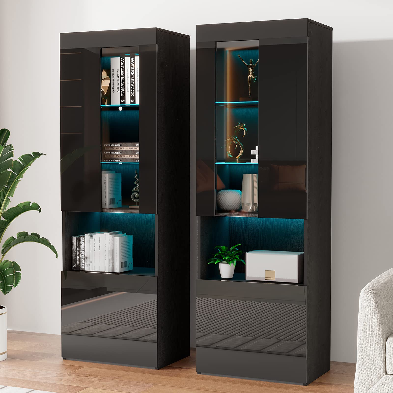 AMERLIFE Modern 71in Tall LED Bookcase Storage Cabinet with Glass Doors - Set of 2 - Thumbnail 4