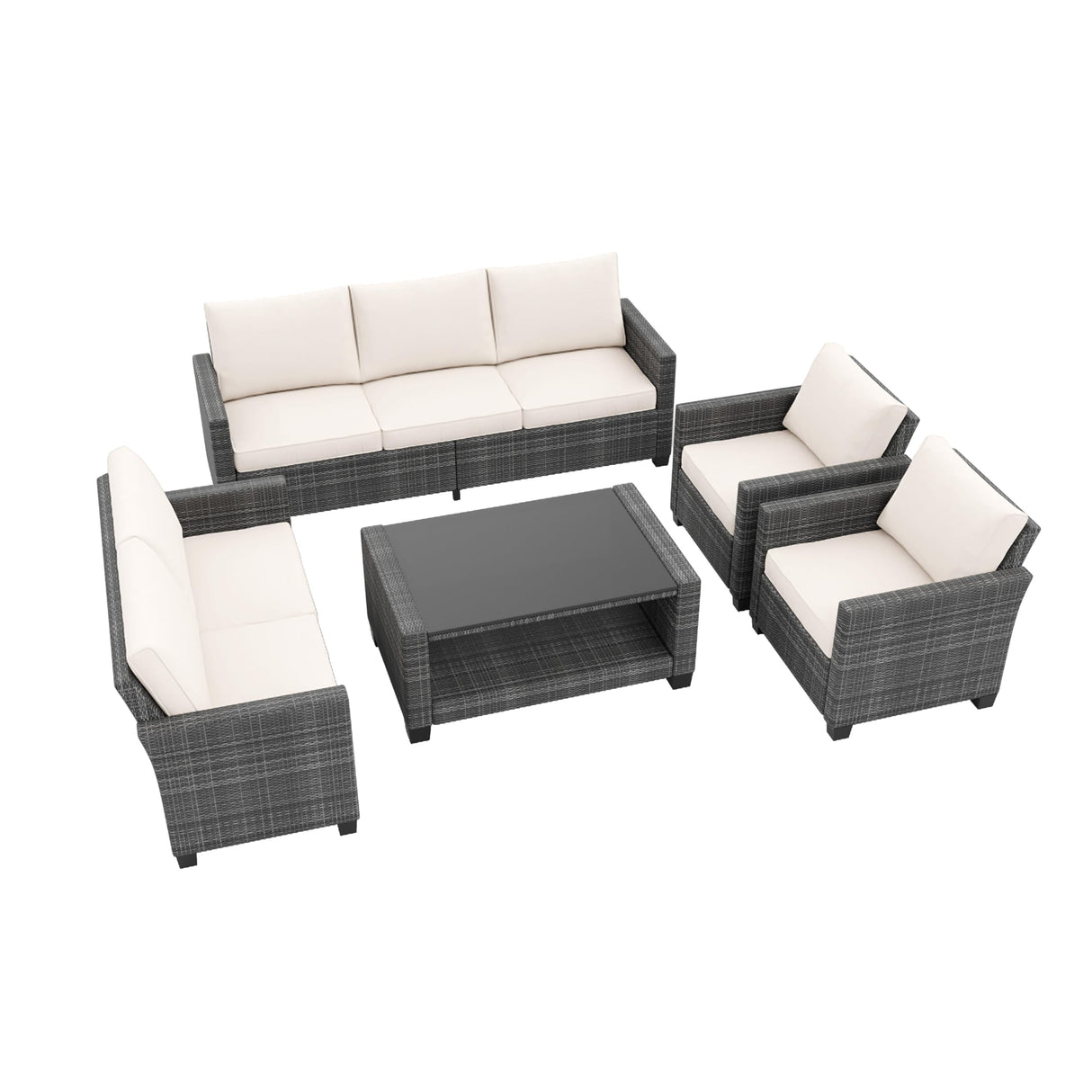 Garvee Patio Furniture Set 5 Pieces, 7-Seat PE Rattan Wicker Outdoor Sectional Patio Conversation Set with Waterproof Cusions and Coffee Table, Grey Rattan and Beige Cushion Garvee