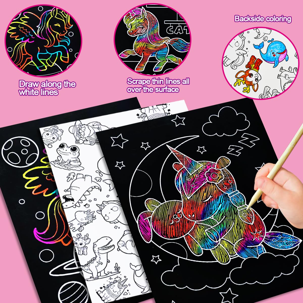 JUNQIU Scratch Art for Kids, Rainbow Scratch Paper Art Set - Unicorn, Arts and Crafts for Girls Boys Ages 4-8, Kid Activity & Christmas Crafts, Stocking Stuffers for Kids JUNQIU US