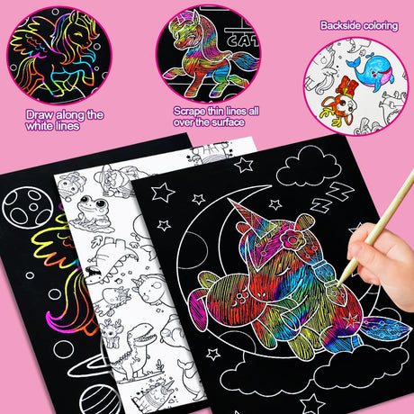 JUNQIU Scratch Art for Kids, Rainbow Scratch Paper Art Set - Unicorn, Arts and Crafts for Girls Boys Ages 4-8, Kid Activity & Christmas Crafts, Stocking Stuffers for Kids JUNQIU US
