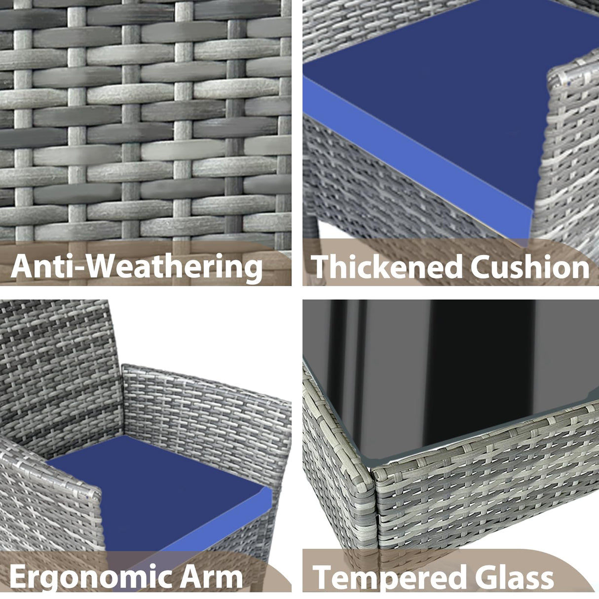 CHNBJY Patio Furniture Set 4 Pieces Outdoor Rattan Chair Wicker Sofa Garden Conversation Bistro Sets for Yard,Pool or Backyard (Grey + Blue Cloth) CHNBJY