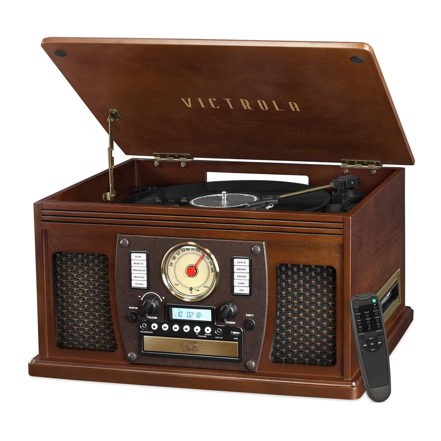 Victrola 8-in-1 Bluetooth Record Player & Multimedia Center, Built-in Stereo Speakers - Turntable, Wireless Music Streaming, Real Wood | Espresso - WoodArtSupply