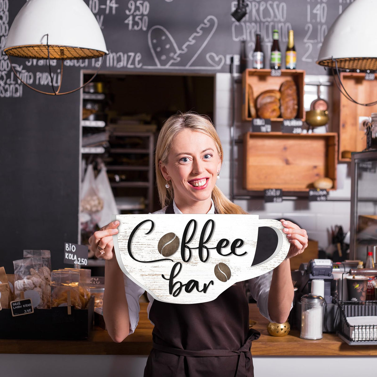 Kigley Coffee Bar Sign 13 x 6.7 Inch Rustic Wood Coffee Sign Farmhouse Coffee Bar Wall Decor Coffee Wall Sign Boho Kitchen Decor Art Accessories for Home, Kitchen, Coffee Station (White) Kigley