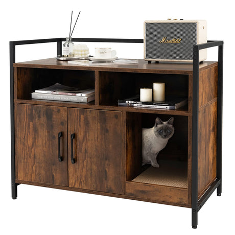Giantex Cat Litter Box Enclosure - Cat Washroom Hidden Furniture with Front Entry, Cat Scratcher, 2-Door Storage Cabinet, 2 Compartments, Air Vents, Metal Frame, Wooden Pet Crate House (Rustic Brown) Giantex