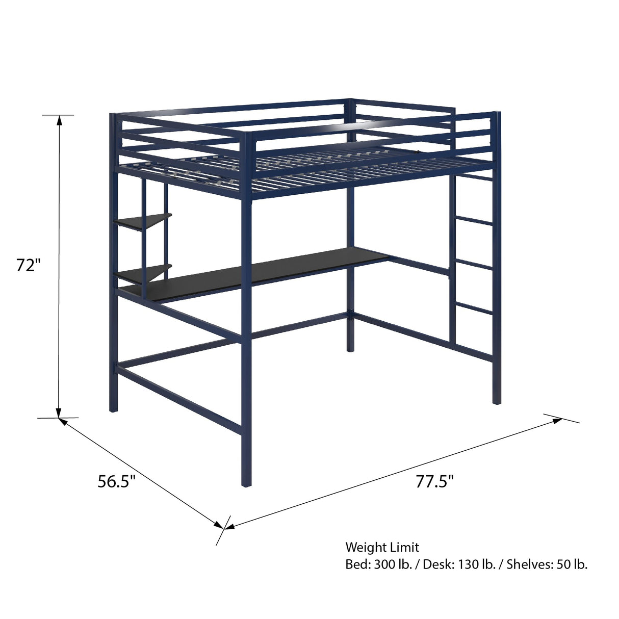 Novogratz Maxwell Metal Full Loft Bed with Desk & Shelves, Navy/Black Novogratz