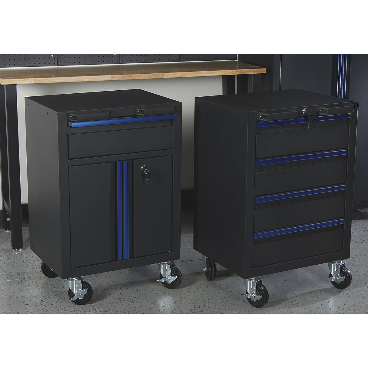 Strongway Steel Garage Storage System with Drawers, Pegboard, Shelves, Tabletop, 2 Rolling Cabinets, 81.5in. x 75.7in. Strongway