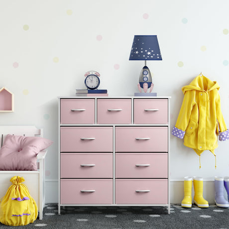 Sorbus Dresser with 9 Drawers - Furniture Storage Chest Tower Unit for Bedroom, Hallway, Closet, Office Organization - Steel Frame, Wood Top, Fabric Bins (Solid Pink, Solid) Sorbus