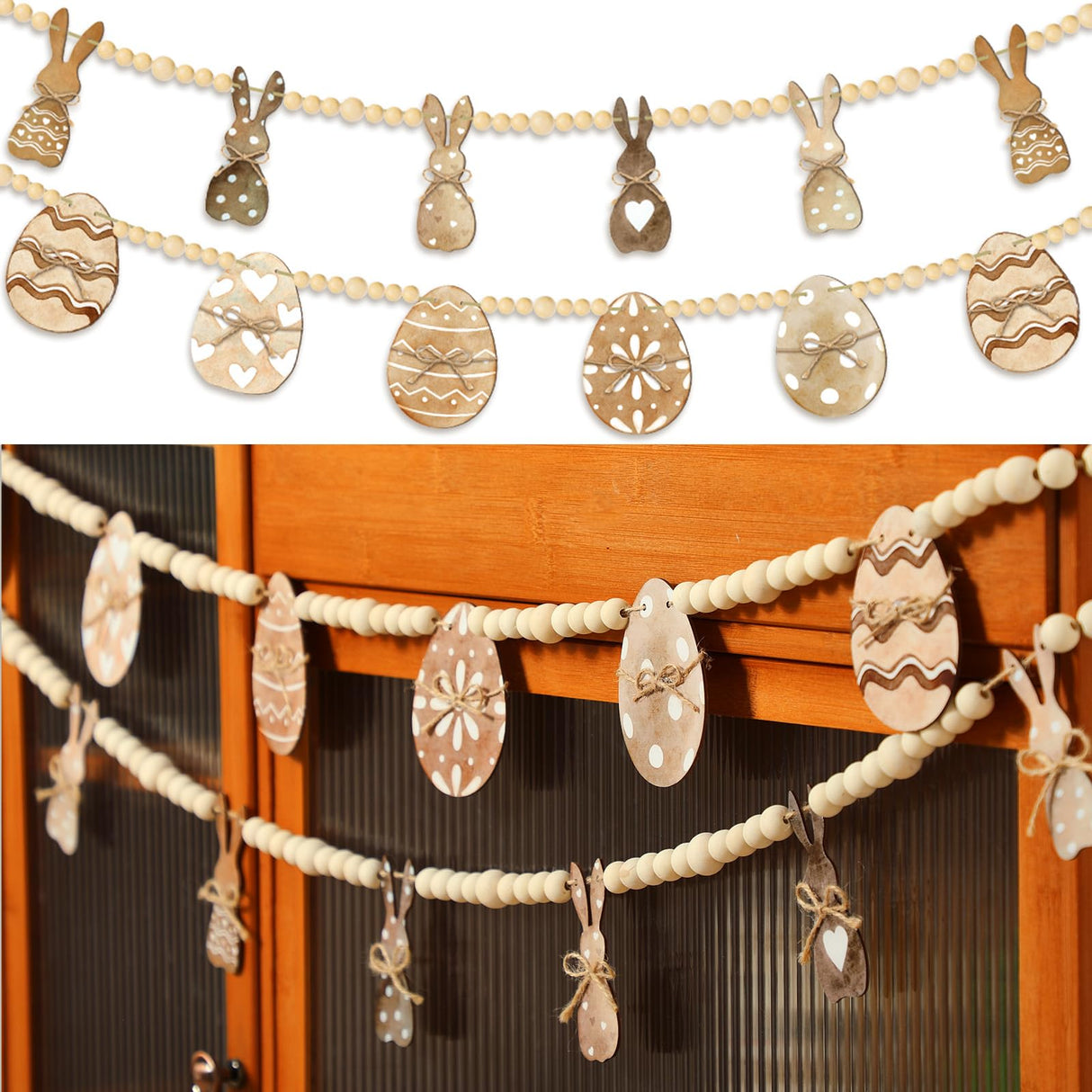 Marsui 2 Pcs 6 FT Easter Day Wooden Beads Garland Rustic Farmhouse Banner Spring Garland Easter Mantel Decorations Rabbit Egg Beaded Tiered Tray Decor for Celebration Shelf Display Fireplace Wall Marsui