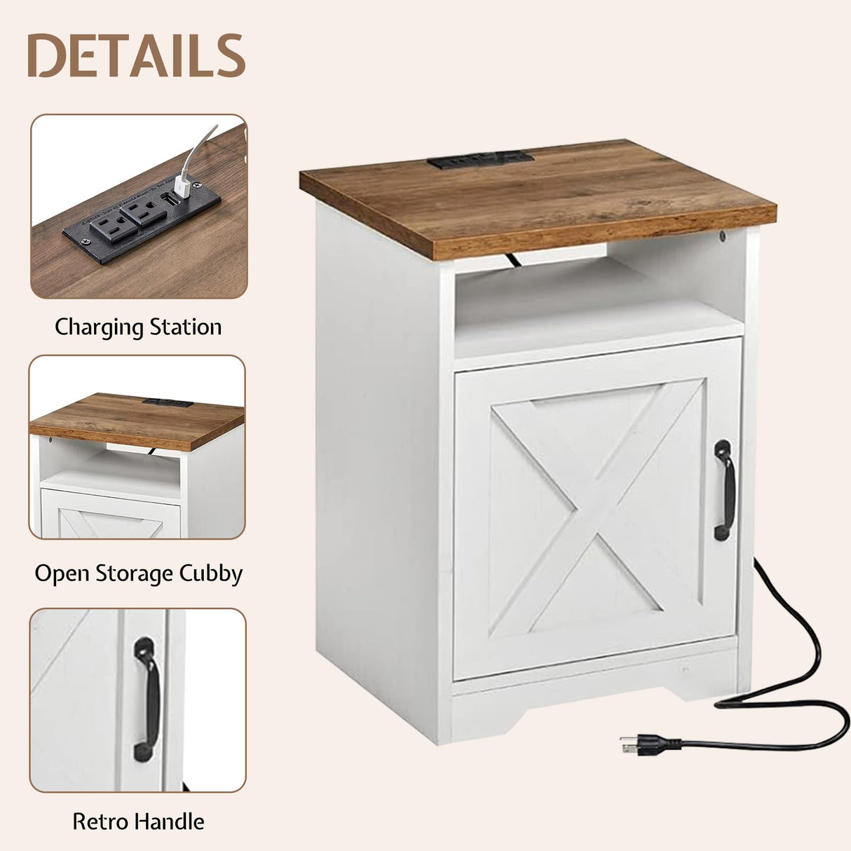 LUXOAK 3-Piece Farmhouse Living Room Table Sets, Includes 1 x Coffee Table, 2 x End Tables with Charging Station & USB Ports, Rustic Coffee Table Set of 3, Distressed White LUXOAK