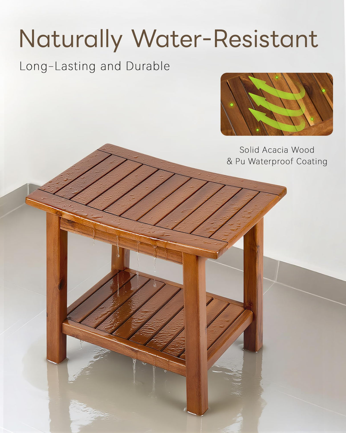Upolana Outdoor Shower Bench, 20" Solid Acacia Wood Shower Stool Waterproof Shower Seat with Storage Shelf for Bathroom - SB001 Upolana