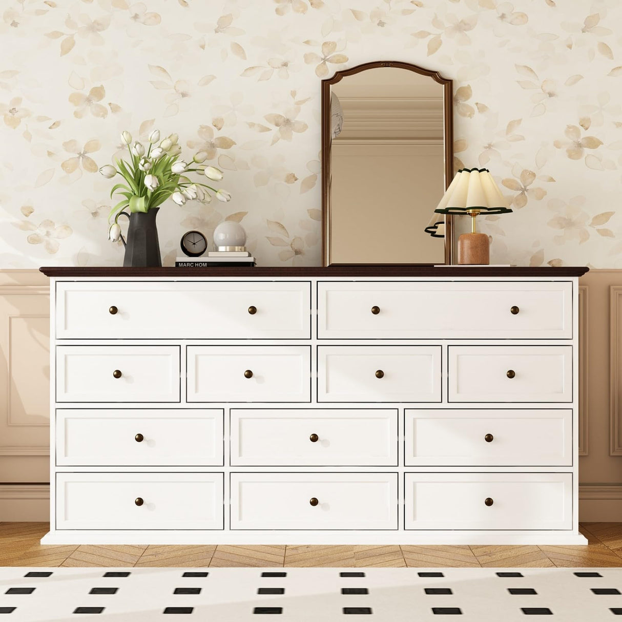 TAMUNE 12 Drawer Dresser Chest of Drawers, White Dresser for Bedroom, Retro Wood Dressers with 12 Drawers, for Living Room Bedroom Hallway, White and Brown 15.7”D x 61”W x 31.5”H TAMUNE