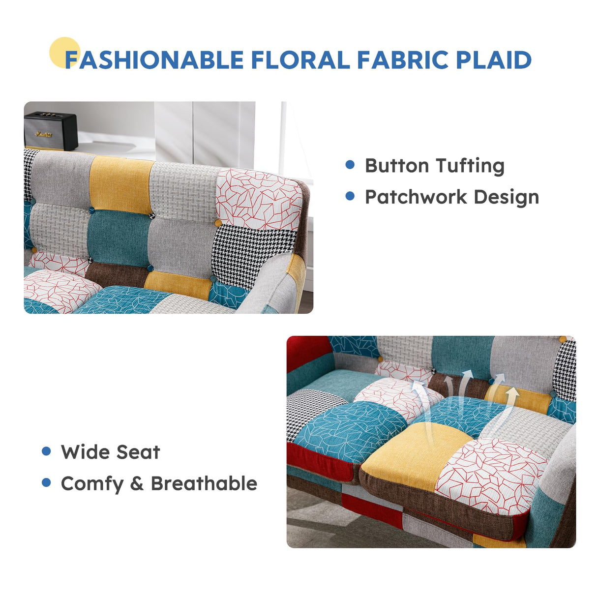 Bonzy Home Modern Boho Loveseat Couch Sofa Chair for Living Room Bedroom, Upholstered Colorful Plaid Fabric 2-Seat Love Seat Sofa with Wood Leg for Small Space, One Loveseat Bonzy Home