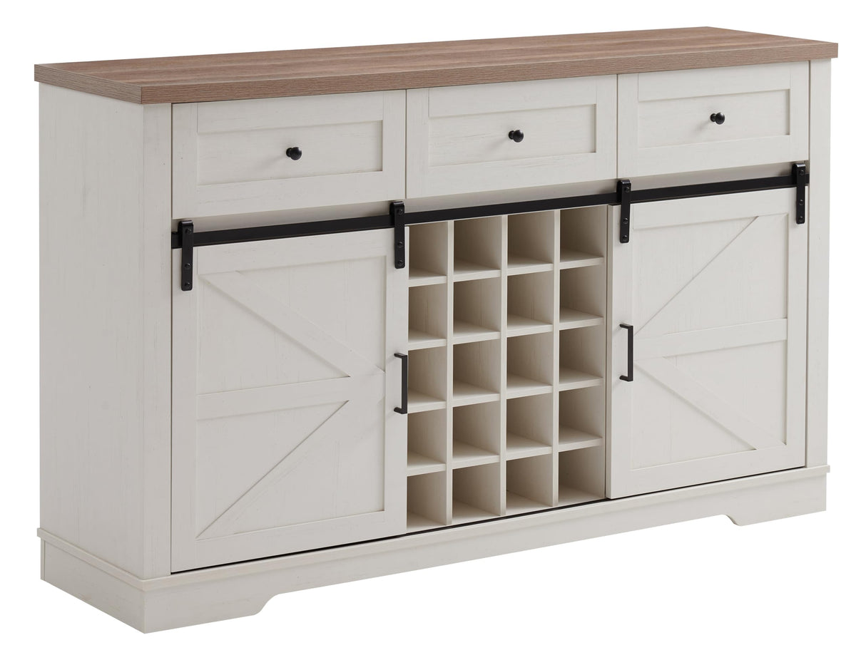 Kavonty Farmhouse Wine Bar Cabinet with Sliding Barn Door, Kitchen Coffee Bar Cabinet with Wine Rack, Storage Shelves, 3 Drawers, Large Buffet Sideboard for Dining Room, Antique White Kavonty