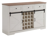 Kavonty Farmhouse Wine Bar Cabinet with Sliding Barn Door, Kitchen Coffee Bar Cabinet with Wine Rack, Storage Shelves, 3 Drawers, Large Buffet Sideboard for Dining Room, Antique White Kavonty